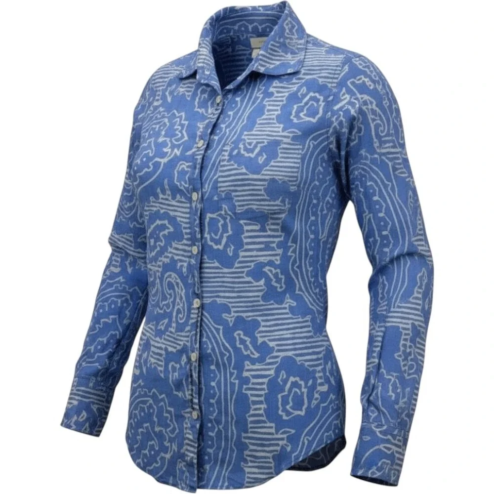 J. Crew‎ Womens Blue White Paisley Cotton Silk Button Down Shirt Size 000